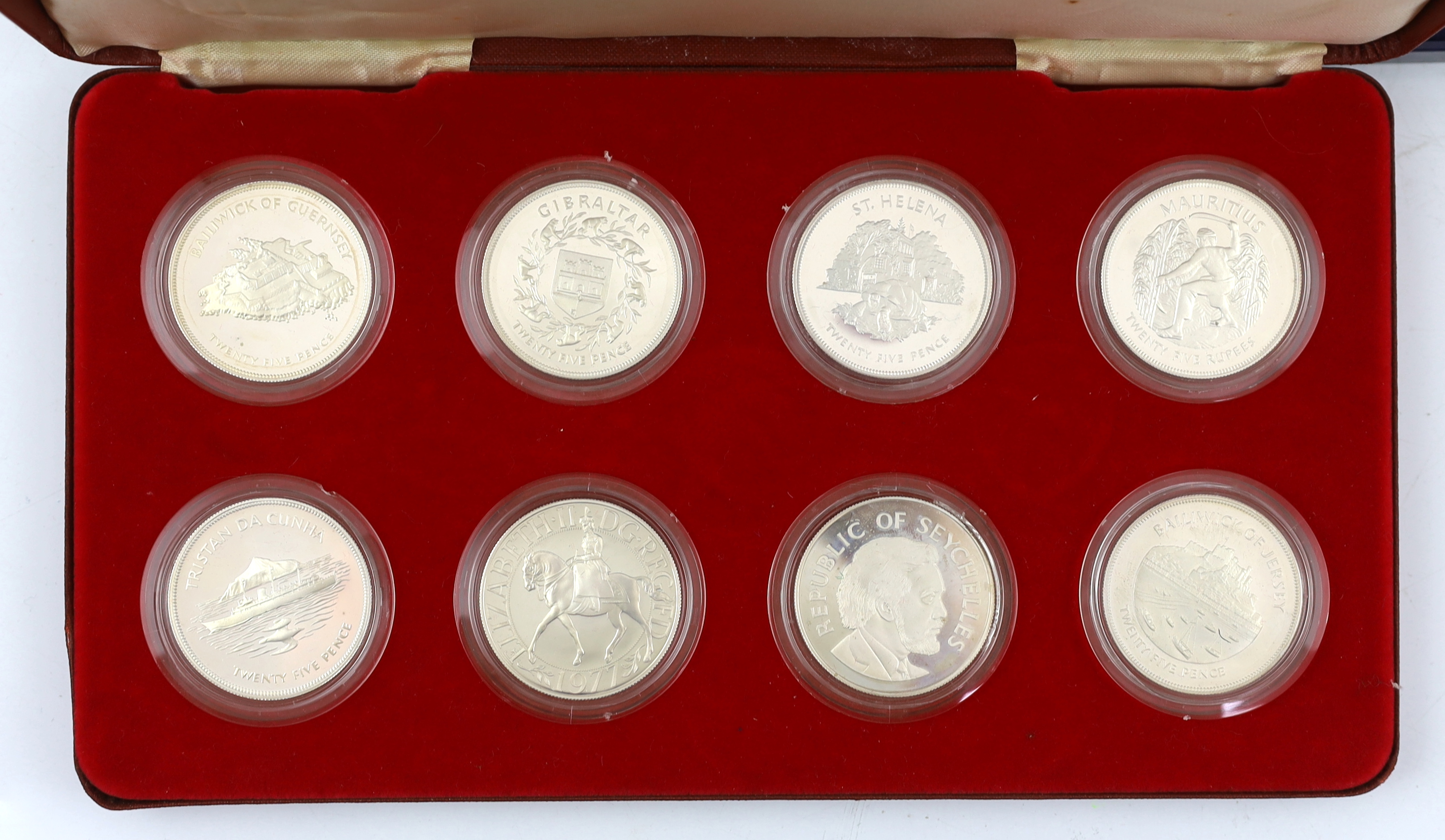 British proof silver coins, Three cased sets of eight crown pieces of the Commonwealth issued to commemorate the Queen's Silver Jubilee in 1977 and other commemorative crowns